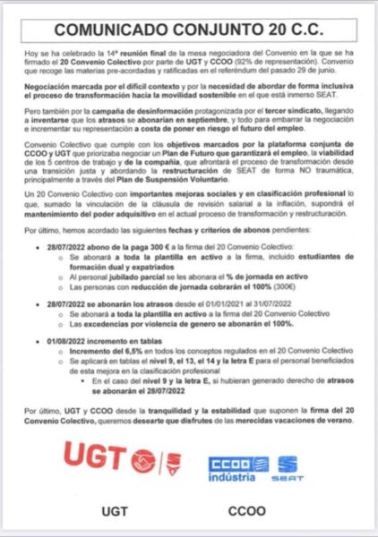 La Bustia Seat comunicat sindicats UGT CCOO conveni direccio signat Martorell Abrera Sant Esteve