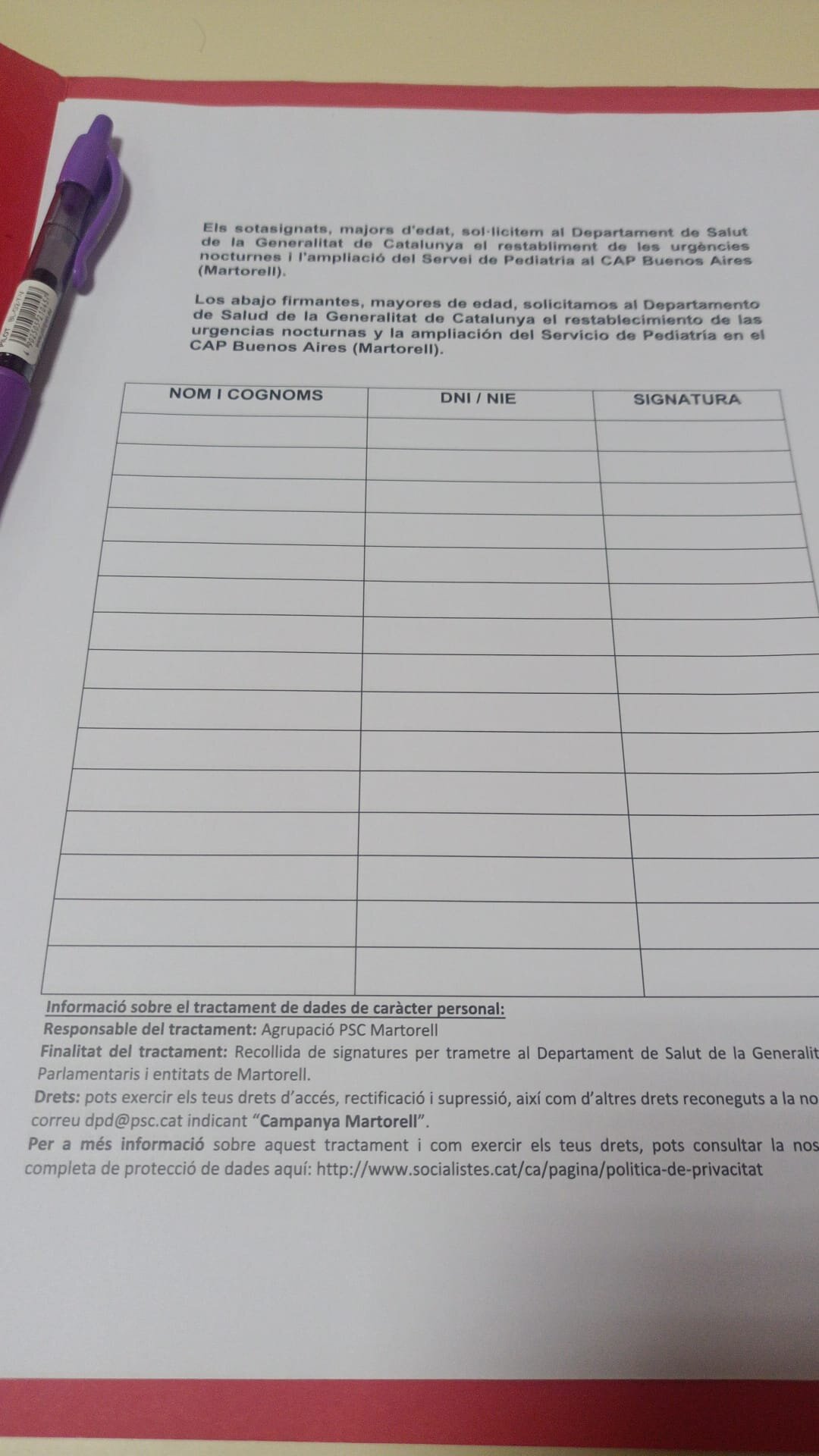 La Bustia recollida signatures PSC Martorell
