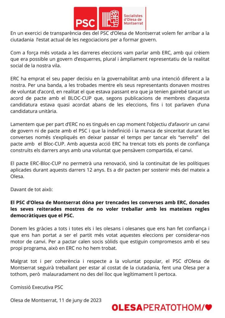 La Bustia comunicat PSC sobre el trencament converses amb ERC Olesa