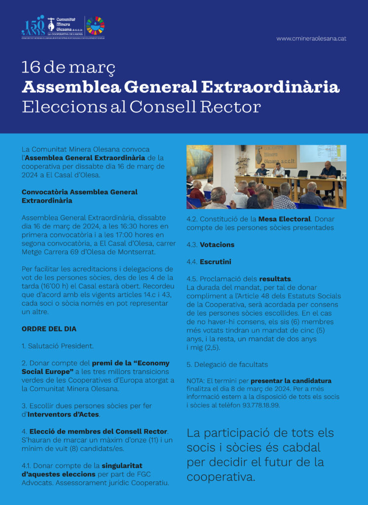 La Bustia Comunitat Minera Olesana cartell assemblea eleccions 16 mar 2024 Olesa