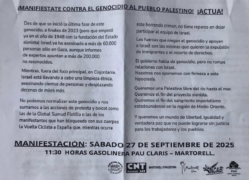 La Bustia manifest text manifestacio amb Palestina Martorell