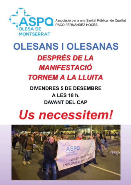 La Bustia cartell concentracio CAP Olesa 5 desembre 2025