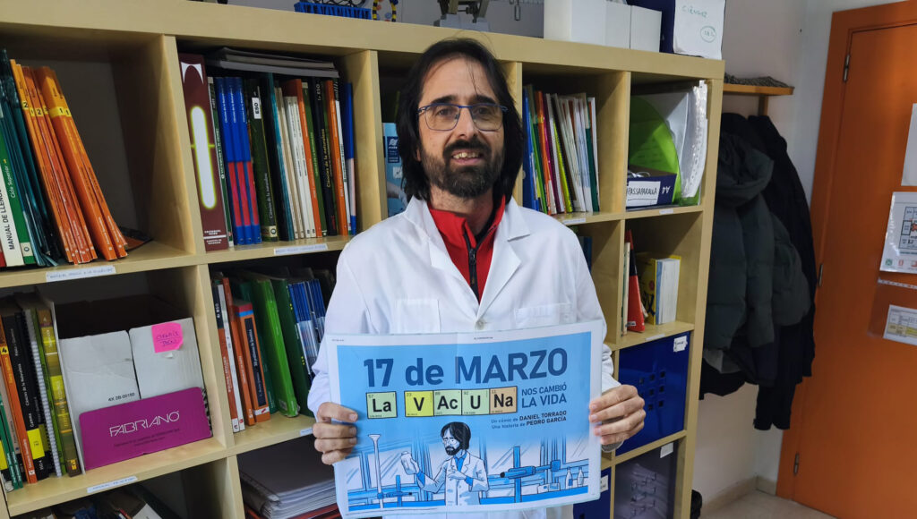 La Bustia Pedro Garcia Olesa amb cartell comic covid